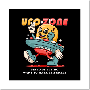 Ufo Zone, a cartoon alien mascot carrying a leisurely walking ufo Posters and Art